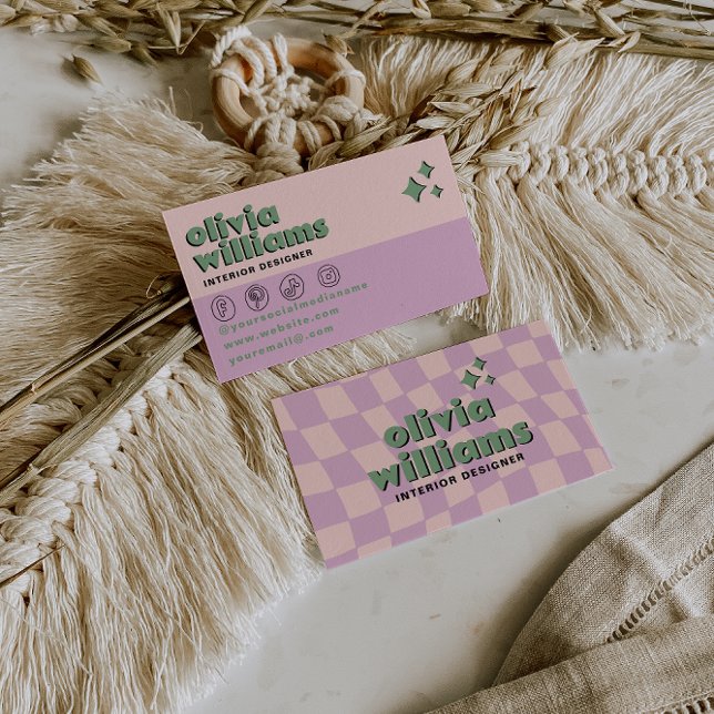 Retro djärv rosa grön boho groovy rutig unik visitkort (Skapare uppladdad)