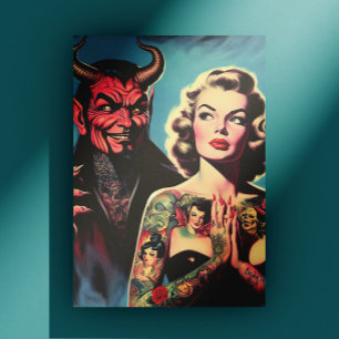 Retro Djävulstatuerad Pin-up Vykort