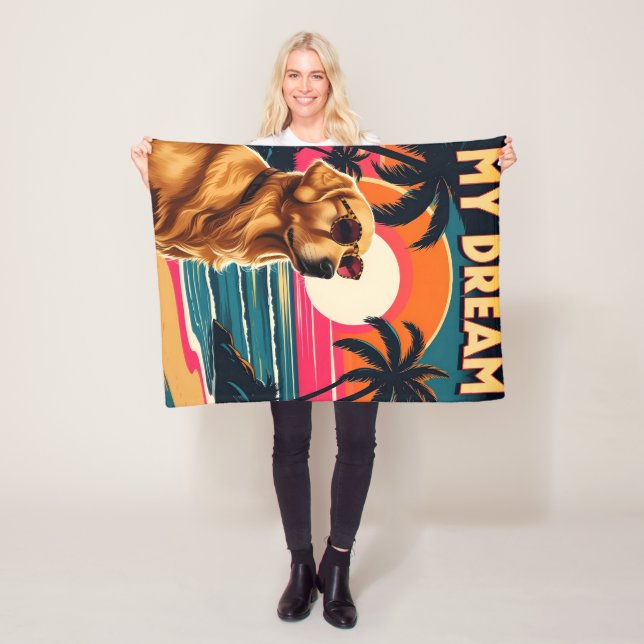 Retro Dog Sunglasses Vintage Sunset Beach  Fleecefilt (På plats)