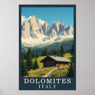 Retro Dolomiterna Italien Berg Alpin Stuga Konst Poster