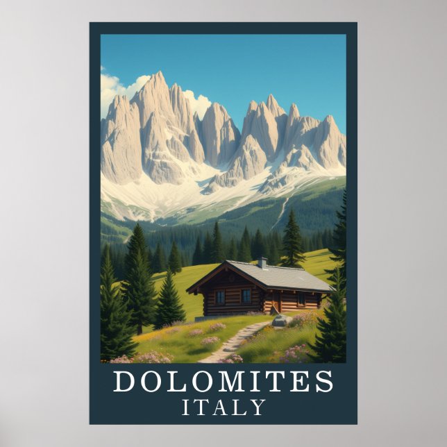 Retro Dolomiterna Italien Berg Alpin Stuga Konst Poster (Framsidan)