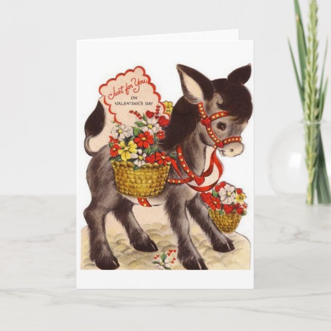Retro Donkey med blommor Valentindagskort Helgkort (Framsida)