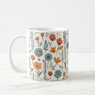 Retro Doodle Flowers Botaniska Blommönster Kaffemugg