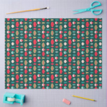 Retro Doodle Ornaments in Red Green Pink Gold