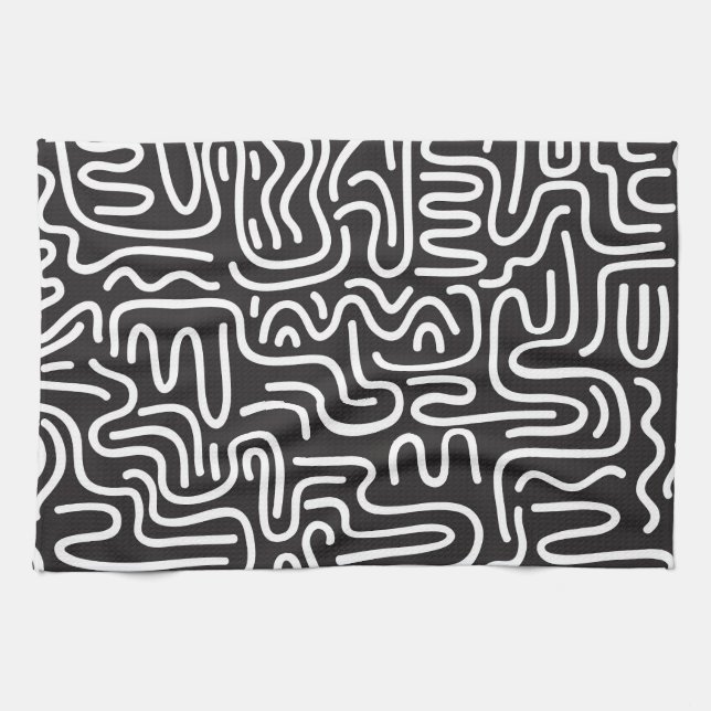 Retro Doodle Vågigt Linjer: Monokrom Kökshandduk (Horisontell)