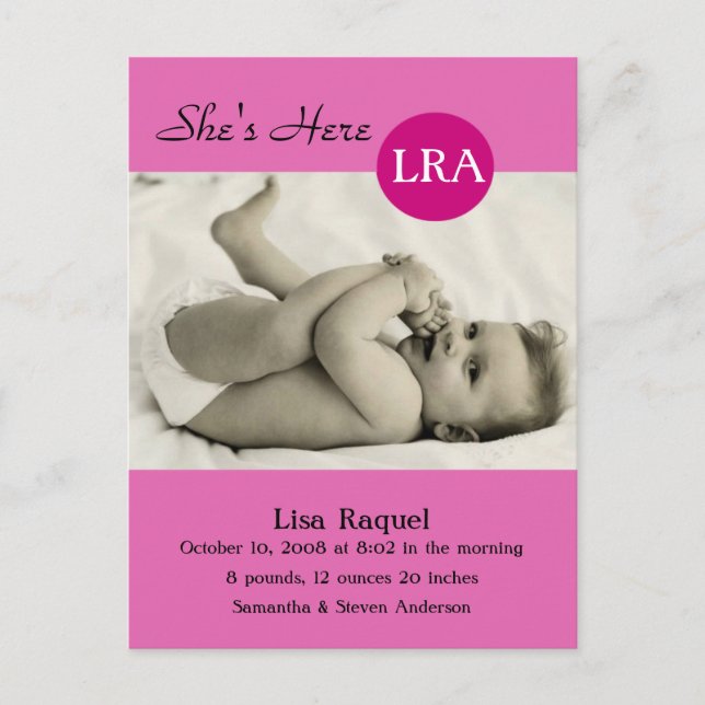 Retro Dot Photo Birth Notice (Rosa) Meddelande Vykort (Framsida)