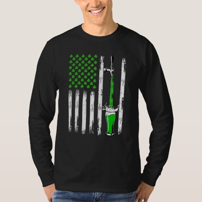 Retro Draft Beer American Flag Shamrock St Patrick T Shirt (Framsida)