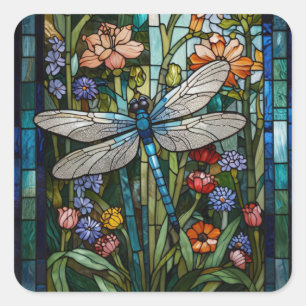 Retro Dragonfly boho blommigt botaniskt fläckglas Fyrkantigt Klistermärke