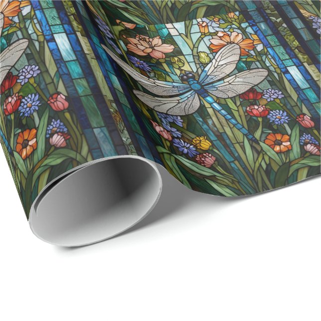 Retro Dragonfly boho blommigt botaniskt fläckglas Presentpapper (Rullad Hörn)