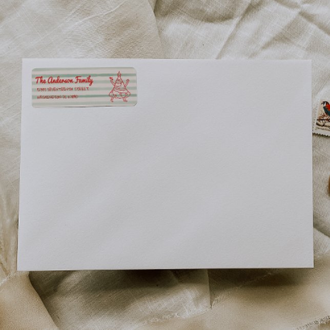 Retro Drawn Green Red Funny Christmas Tree Address Returadress Etikett (Skapare uppladdad)