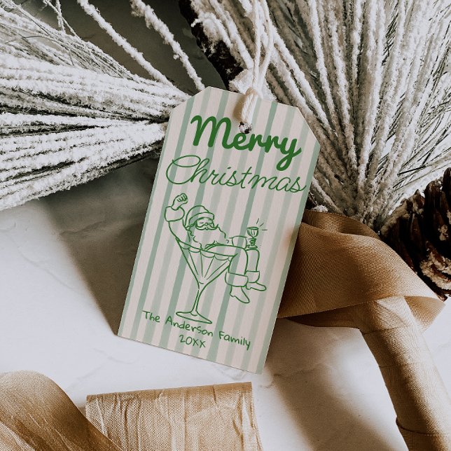 Retro Drawn Green Stripes Santa Claus Christmas Presentetikett (Skapare uppladdad)