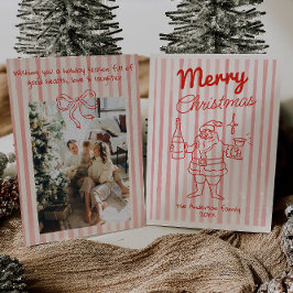 Retro Drawn Red Festive Santa Champagne-jul Julkort