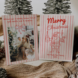 Retro Drawn Red Festive Santa Champagne-jul Julkort