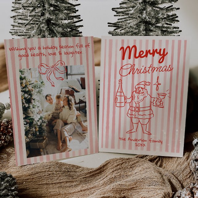 Retro Drawn Red Festive Santa Champagne-jul Julkort (Skapare uppladdad)