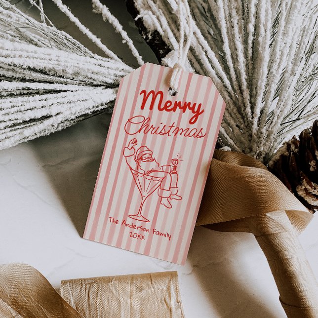 Retro Drawn Red Stripes Santa Claus Christmas Presentetikett (Skapare uppladdad)