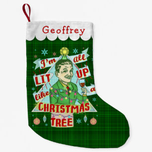 Retro dricka humorman för rolig jul som tändas upp liten julstrumpa