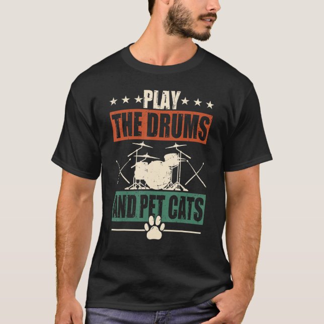 Retro Drummer Drumming Drums Percussion Cat Lover T Shirt (Framsida)