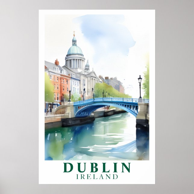 Retro Dublin Ireland Bridge Watercolor Art Poster (Framsidan)