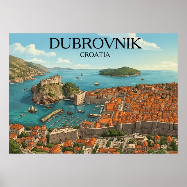 Retro Dubrovnik Adriatic Coast Illustration Travel Poster (Framsidan)