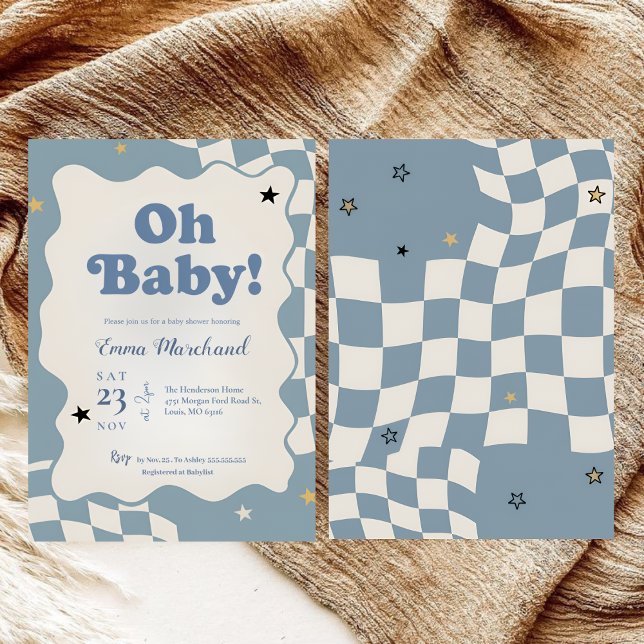 Retro Dusty Blue Checkered Oh Baby Baby Shower Inbjudningar (Skapare uppladdad)