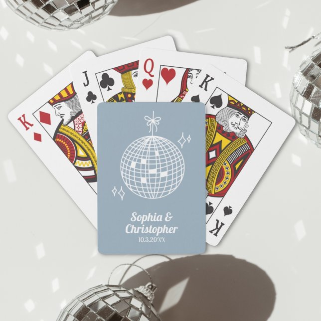 Retro Dusty Blue Disco Boll Bröllop Personlig Casinokort (Retro Dusty Blue Disco Ball Wedding Personalized Playing Cards
)