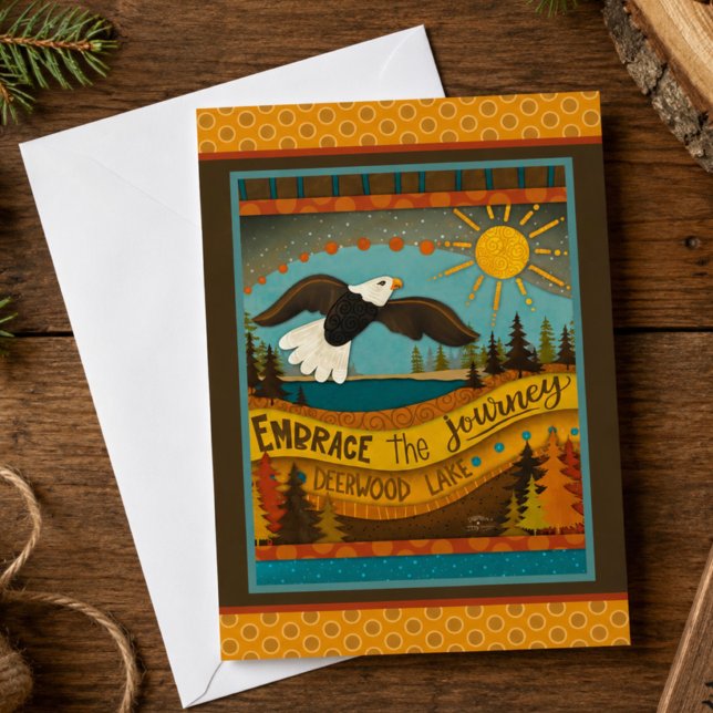 Retro Eagle Lake Citat Färgglad Platt Kort (Embrace the Journey inspiration card with colorful hand drawn eagle design by Inspirivity)