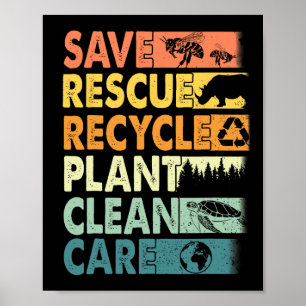 Retro Earth Day Spara Bees Rädding Animals Återvin Poster