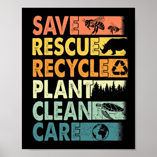 Retro Earth Day Spara Bees Rädding Animals Återvin Poster (Framsidan)