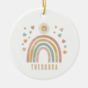 Retro Earthy Färg Watercolor Rainbow och Sol Julgransprydnad Keramik