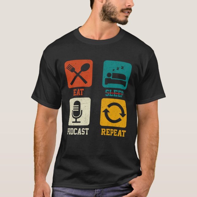 Retro Eat-vilopoddsändning Repeat Podcaster Podcas T Shirt (Framsida)