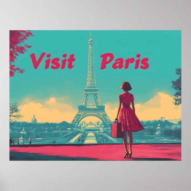 Retro Eiffel Torn Travel Illustration med vykort Poster (Framsidan)