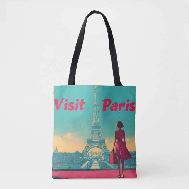 Retro Eiffel Torn Travel Illustration med vykort Tygkasse (Framsida)