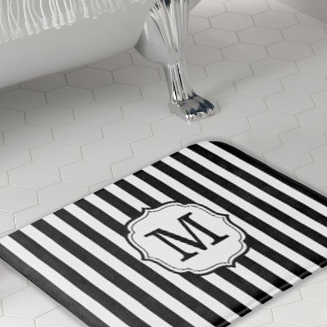 Retro Elagant Personalized Stripe Bath Mat Badrumsmatta (retro elegant black and white stripe bath mat)