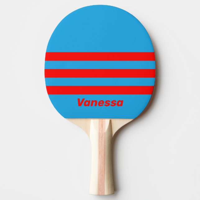 Retro Elblå Röd Tre i rad-rand & namn Pingisracket (Framsidan)