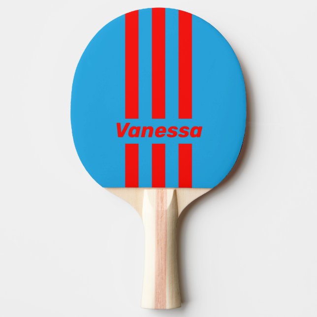 Retro Elblå Röd Trefacksrandig & Namn Pingisracket (Framsidan)