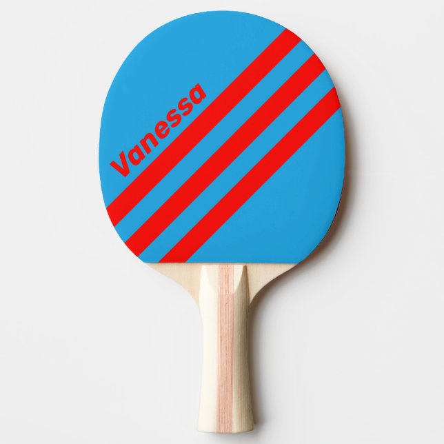 Retro Elblå Röd Trehörnig Rand & Namn Pingisracket (Framsidan)