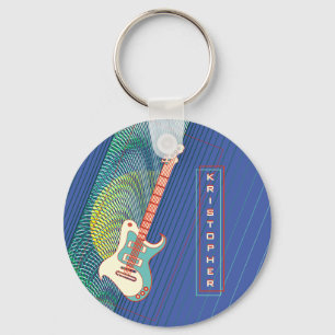 Retro Electric Guitar Coola Blue Personlig Namn Nyckelring