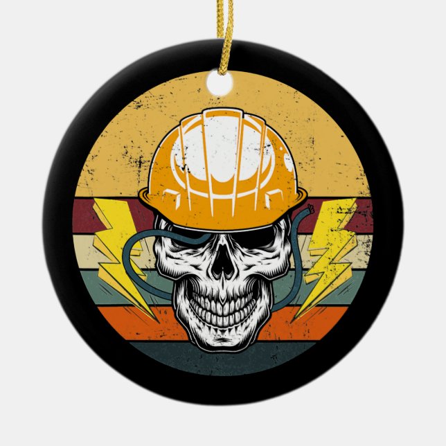Retro Electrician Skull Electrical Ingenjör Julgransprydnad Keramik (Framsidan)
