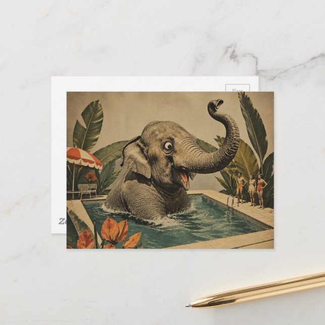 Retro Elefant i poolen Vykort (Fram/Back In Situ)