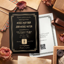 Retro Elegant Black Art Deco QR OSA Bröllop Inbjudningar
