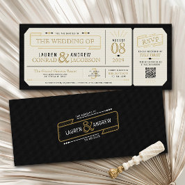 Retro Elegant Black & Gold Vintage Ticket Wedding Inbjudningar