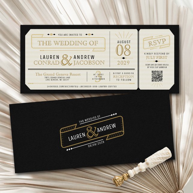 Retro Elegant Black & Gold Vintage Ticket Wedding Inbjudningar (Unique retro black and gold vintage simple classy ticket style qr code rsvp 4x9 wedding invitation)