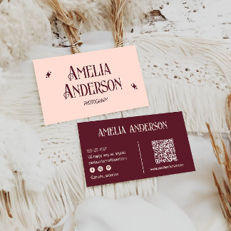 Retro Elegant Blush & Burgundy Qr Code Visitkort