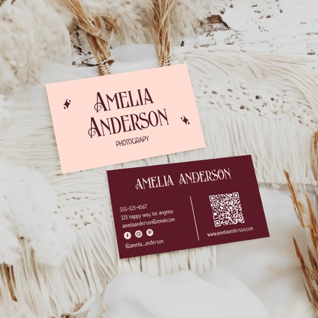 Retro Elegant Blush & Burgundy Qr Code Visitkort (Skapare uppladdad)