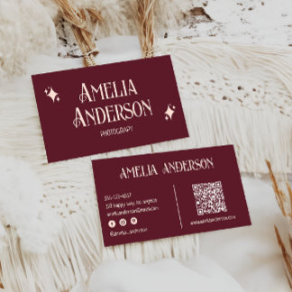 Retro Elegant Blush & Burgundy Qr Code Visitkort
