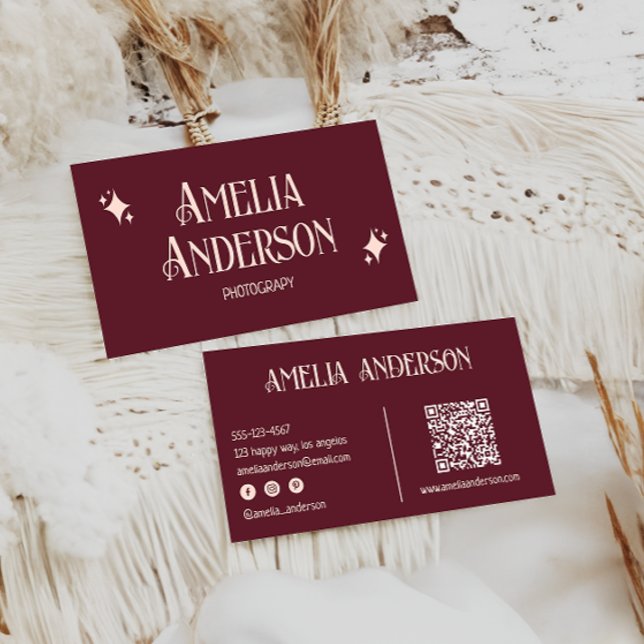 Retro Elegant Blush & Burgundy Qr Code Visitkort (Skapare uppladdad)