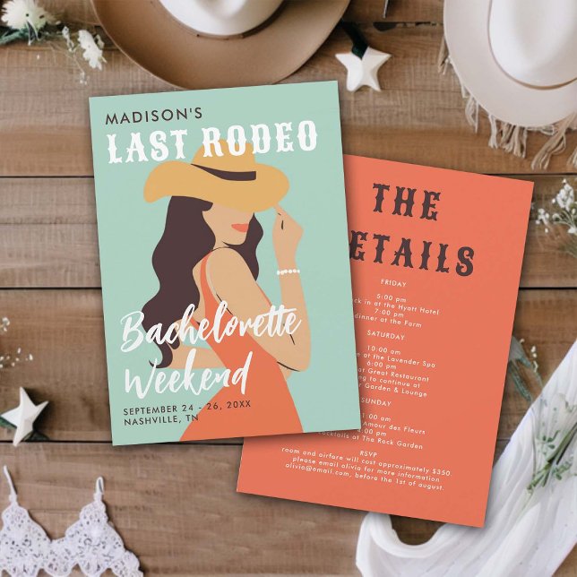 Retro Elegant Last Rodeo Rosa Grönt Bachelorette Inbjudningar (last rodeo bachelorette weekend invitation itinerary retro vintage elegant glam pink green pearls)
