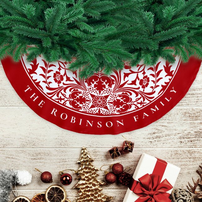 Retro Elegant Red White-Blommönstret Julgransmatta Borstad Polyester (Skapare uppladdad)