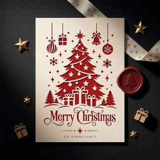 Retro Elegant Röd Julgran Festive Hälsning Julkort