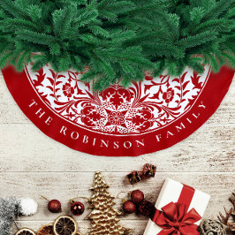 Retro Elegant Röd Vit Jul Blommig Mönster Julgransmatta Borstad Polyester